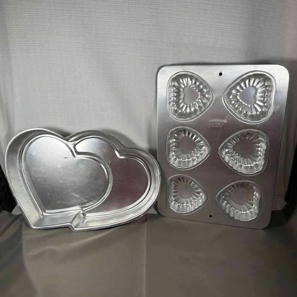 Vtg Wilton Aluminum Heart Baking Pan Lot Double Heart & 6 Mini Scalloped Hearts
